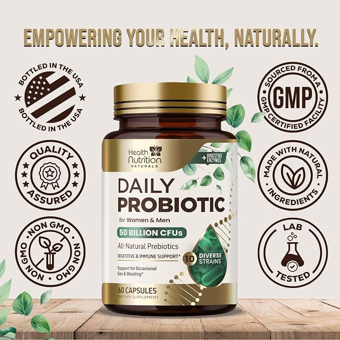 Probiotics 50 Billion CFU per Serving - 10 Strains + Prebiotics - Digestive Health, Gut & Immune Support - Occasional Constipation, Gas & Bloating Support for Women & Men, Bottled USA - 60 Capsules
