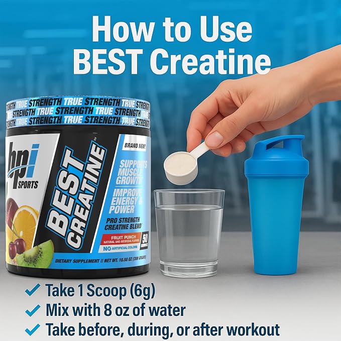 BPI Sports Best Creatine - Creatine Monohydrate Powder for Men & Women, Himalayan Salt - Strength, Pump, Endurance, Muscle Growth, Muscle Definition - No Bloat – Fruit Punch – 50 servings – 10.58 oz