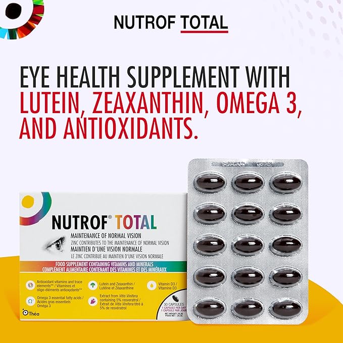 Nutrof Total Capsules – Eye Health Supplement with Lutein, Zeaxanthin, Omega 3, and Antioxidants | Essential Nutrients for Optimal Eye Health | Pack of 30 Capsules (1 Capsule per Day - 1-Month Supply)