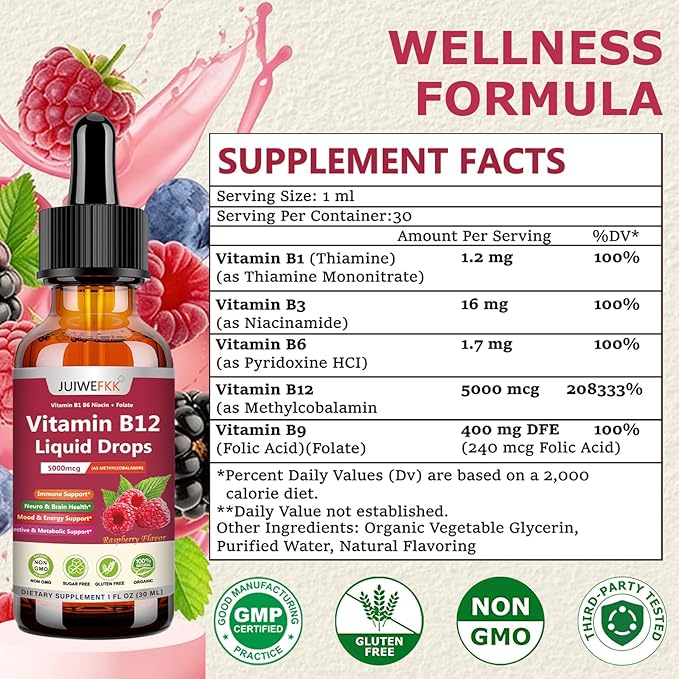 Liquid Vitamin B12 Drops 5000 mcg - Extra Strength B12 Methylcobalamin with B1 B6 B3 Folate Niacin - Fast Absorption Sublingual B-12 Drops for Energy Metabolism & Brain Function, Vegan B Complex