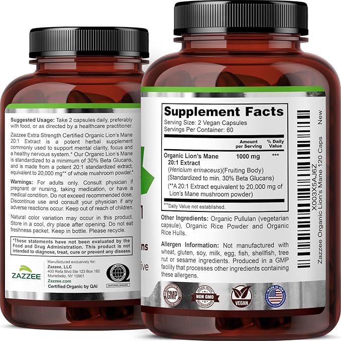 Zazzee USDA Organic Lion's Mane 20:1 Extract, 1000 mg Per Serving, 30% Beta Glucans, 120 Vegan Capsules, Nootropic for Brain Health, Focus, Memory & Immune Support, All-Natural, Non-GMO, Made in USA
