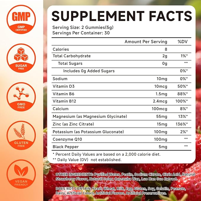 Potassium Magnesium Gummies – High Absorption Magnesium Glycinate – Magnesium Potassium Supplement Gummies with Vitamin B6, D3, B12 for Muscle Support, Sugar-Free Strawberry Flavor, 120 Count