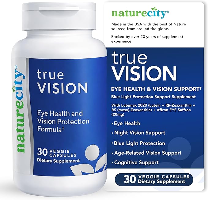 NatureCity True-Vision Eye Health Supplement - Plant-Based Lutein and Zeaxanthin with High Potency Saffron 20mg - Blue Light Protection, Support Central and Night Vision (30 Veggie Capsules)