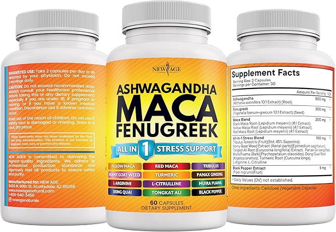 NEW AGE Ashwagandha Maca Root Fenugreek Supplement with Tongkat Ali Ginseng - Support Health - Made in USA - 120 Count