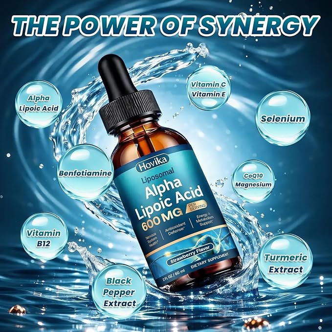 Liposomal Alpha Lipoic Acid Liquid Drops 600mg - Neuropathy Supplements Liquid for Nerve, Energy & Metabolic Support with Benfotiamine, Turmeric, Selenium & C, E & B12, Strawberry 2 Fl Oz