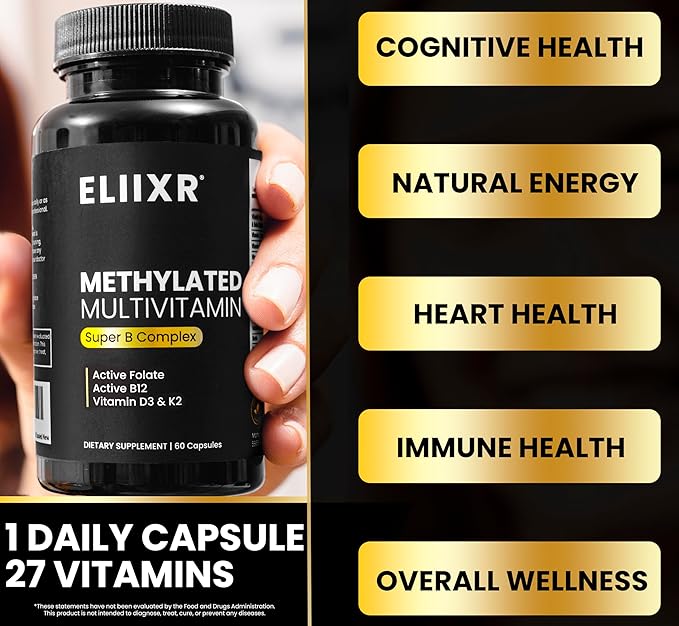 Eliixr Methylated Multivitamin 27-in-1 Formula with 1500 mcg Active Folate, Methylated B12, K2, D3, B-Complex and more Women and Mens Multivitamins, 60 Vegan Capsules, 2 month supply Made in the USA