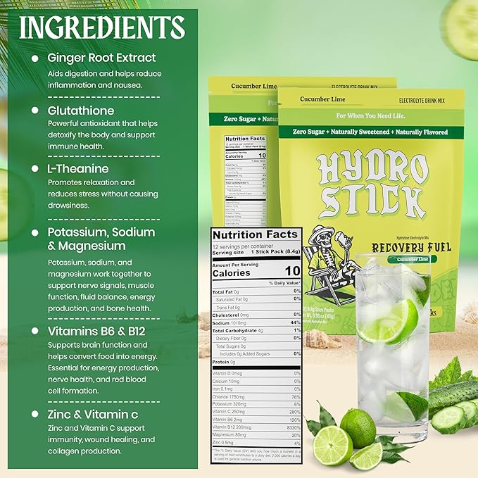 Electrolyte Powder Drink Mix | Glutathione, L-Theanine, Vitamins B6 & B12, Ginger & Magnesium for Hydration & Liver Health | Sugar-Free, All-Natural, Immune Support - Cucumber Lime | 12 Pack