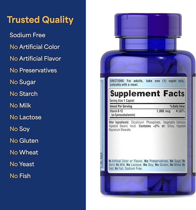 Puritan's Pride Timed Release Vitamin B-12 1000mcg, Vegetarian Dietary Supplement for Energy Metabolism, Heart, Circulatory, and Nervous System Health Support, 8 Month Supply, 250 Caplets