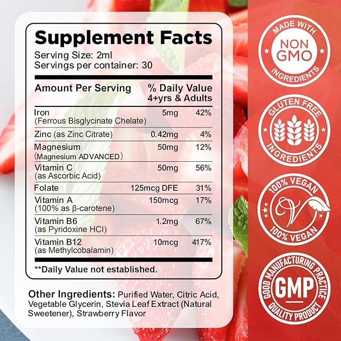 Liquid Iron Supplement for Kids & Women Men - with Magnesium, Zinc & Kids Multivitamin Iron Drops - Immune Support, Blood Builder & Energy Support for Iron Deficiency, Anemia, Vegan 2 Fl Oz