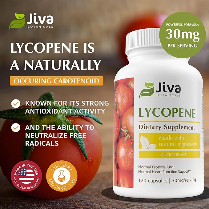 Jiva Botanicals - Lycopene Supplements for Men 30mg - Prostate Supplement for Men with Natural Tomato Extract - Prostate, Skin & Antioxidant Lycopene Supplement USA Made, Non GMO, Vegan, 120 Capsules