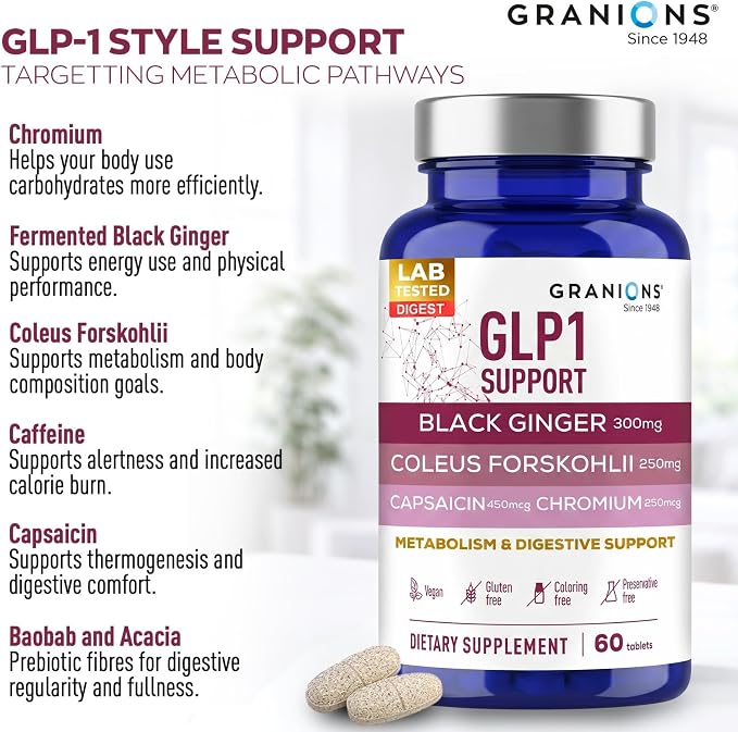Granions GLP-1 Support Supplement - Metabolism, Gut Health, Digestive Support - Fermented Black Ginger, Coleus Forskohlii, Chromium, Capsaicin, Caffeine - Vegan, Gluten Free Supplements - 60 Tablets