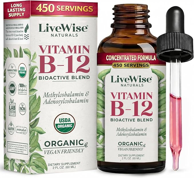 Organic Vitamin B12 1000 mcg Sublingual Liquid Drops For Adults, 1 Year+ Supply - 2 oz, Methylcobalamin & Adenosylcobalamin - Bioactive Blend for Energy, Clarity & Focus - Vegan, Non-GMO, Unflavored