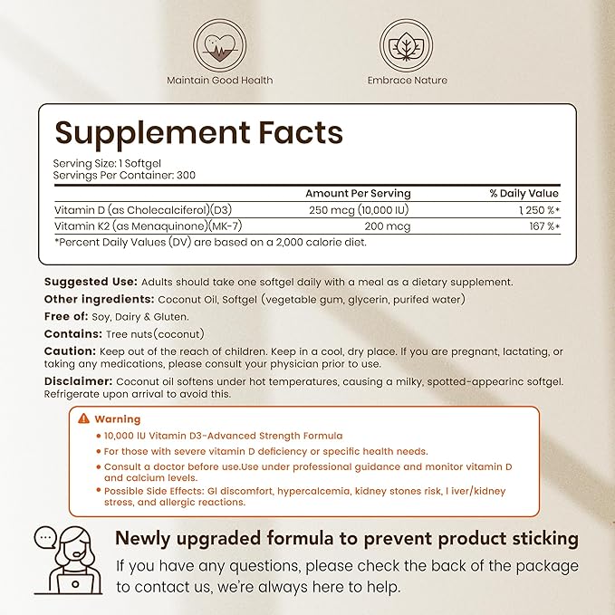 VEV Corefeel Vitamin D3 K2 10,000 IU, 200 mcg MK-7, 300 Coconut Oil Softgels, 2 in 1 Vitamins Supplement D & K (Include MK7), Easy to Swallow, Supports Calcium Absorption, Bone Health