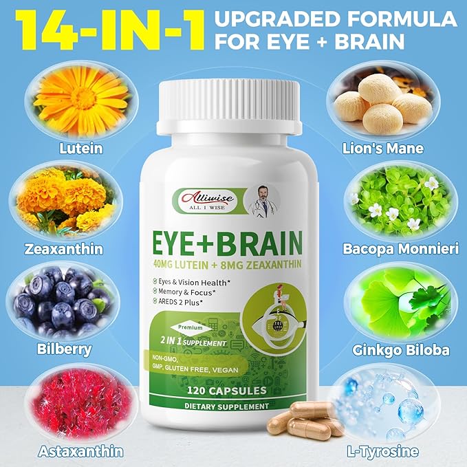 2 Pack Eye + Brain Supplements for Memory and Focus, Lutein 40mg, Zeaxanthin, Astaxanthin, Bilberry, Lion’s Mane, Bacopa Monnieri, Ginkgo Biloba, 14 in 1 Eye Vitamins for Adults & Seniors 240 Capsules
