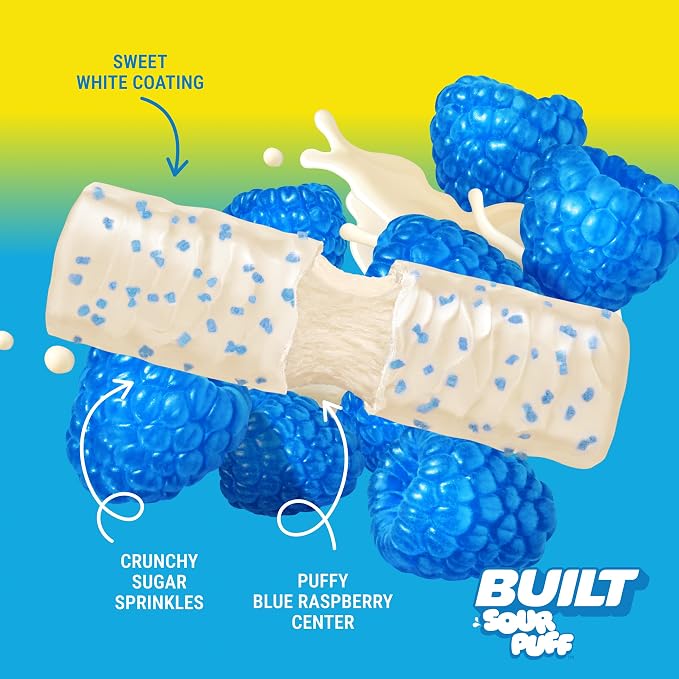 BUILT Sour Puff Protein Bar, Blue Razz Blast, 16g Protein - 12 Count | Sour Gummy, Candy-like Protein Snack Bar with Collagen, Calorie Conscious, Gluten Free