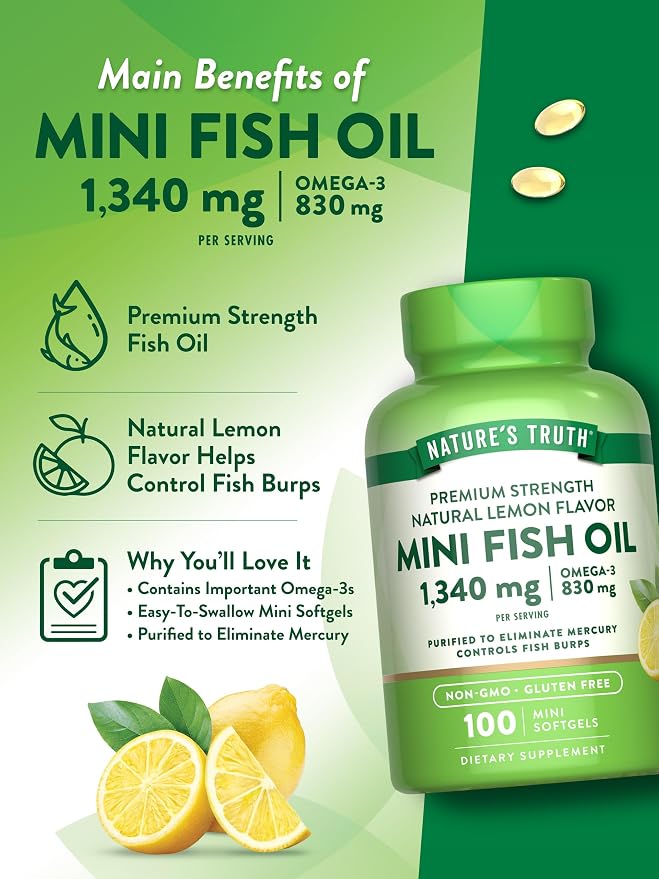 Nature's Truth Mini Fish Oil Omega 3 | 1340 mg | 100 Softgels | Burpless Lemon Flavor | Non-GMO & Gluten Free Supplement