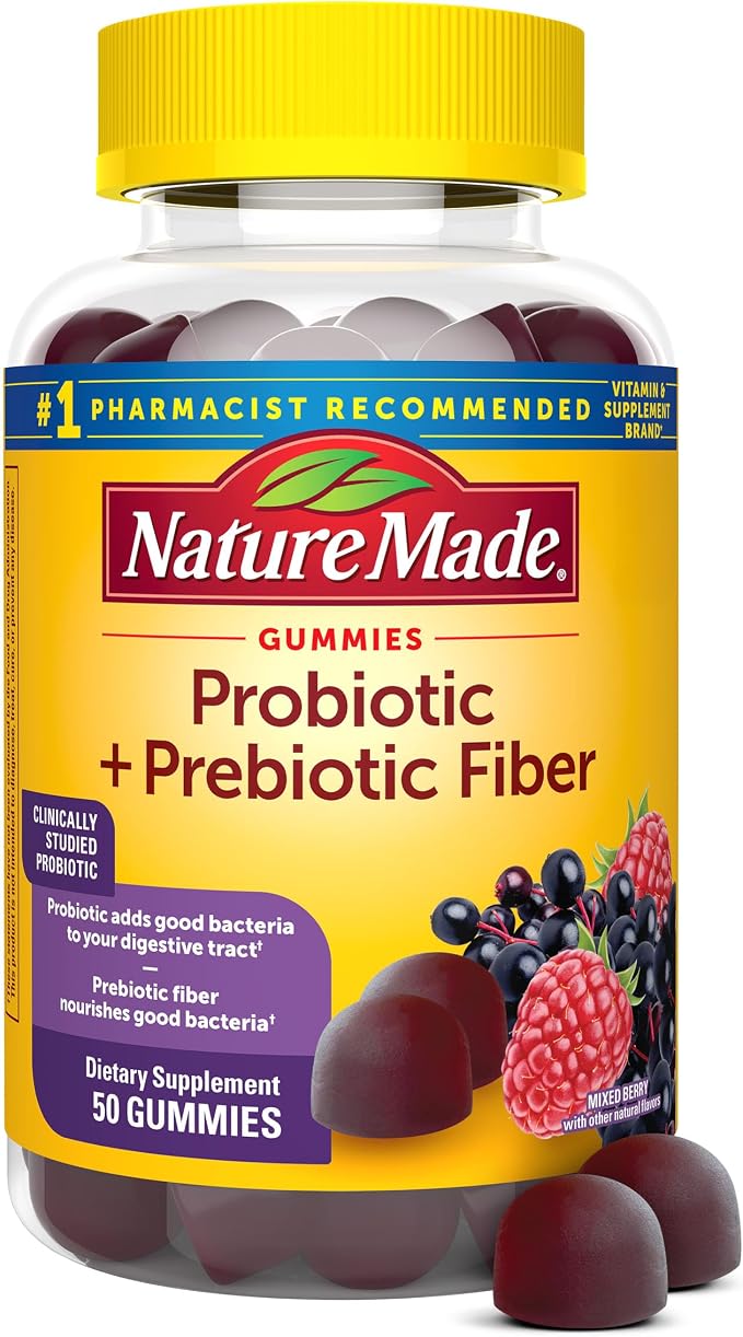 Nature Made Probiotic + Prebiotic Fiber Gummies for Daily Gut Health, Fiber Supplement with Probiotics for Digestive Health Support, 50 Gummies, 25 Day Supply