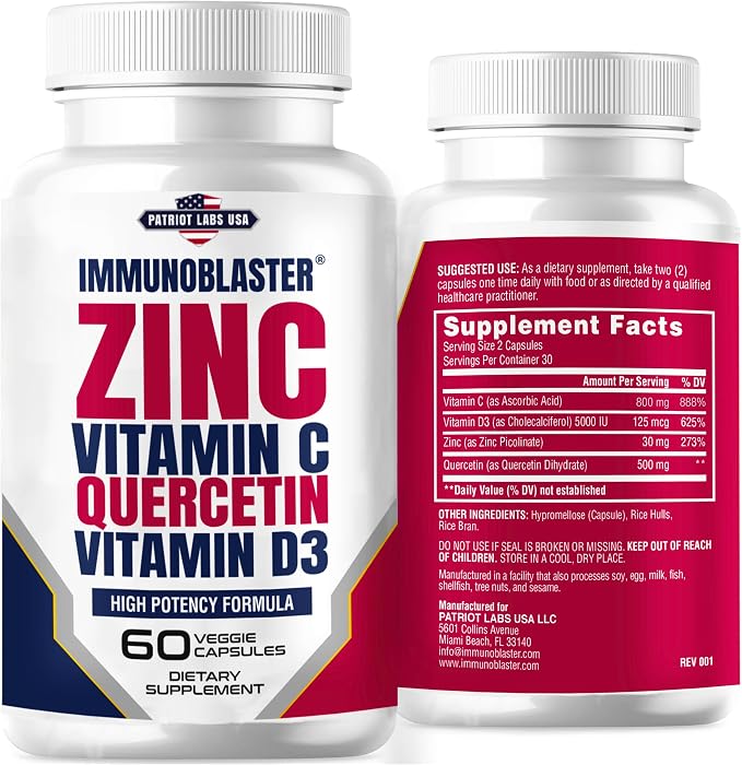 Zinc Quercetin Vitamin C 800 mg with Vitamin D3 Antioxidant Immune Support High Potency Quercetin Zinc Supplement for Men and Women - Gluten, Soy, & Dairy Free - 60 Count (Pack of 1)