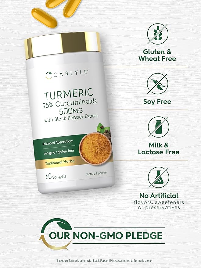 Carlyle Turmeric Curcumin Supplement 500mg | 60 Softgels | with Black Pepper Extract | 95% Curcuminoids | Non-GMO, Gluten Free