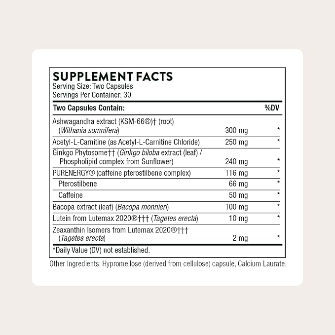 THORNE - Memoractiv - Nootropic Brain Supplement for Focus, Cognitive Function, Creativity & Concentration* - Ashwagandha, Caffeine, Acetyl-L-Carnitine & More - Gluten-Free, Dairy-Free - 60 Capsules