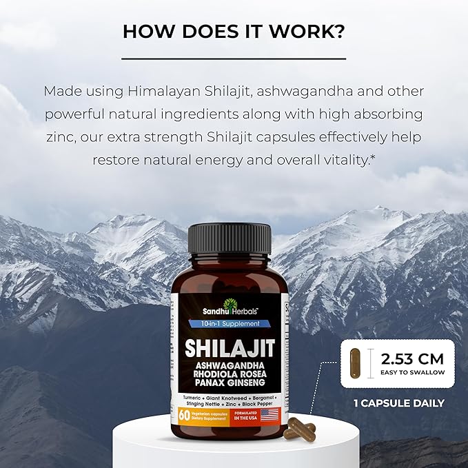 SANDHUHERBALS Shilajit Capsules for Men & Women | Pure Himalayan Blend with Ashwagandha | High Potency and Energy Supplement | 2 Months Supply | for Extra Power and Stamina | Combo with Sea Moss