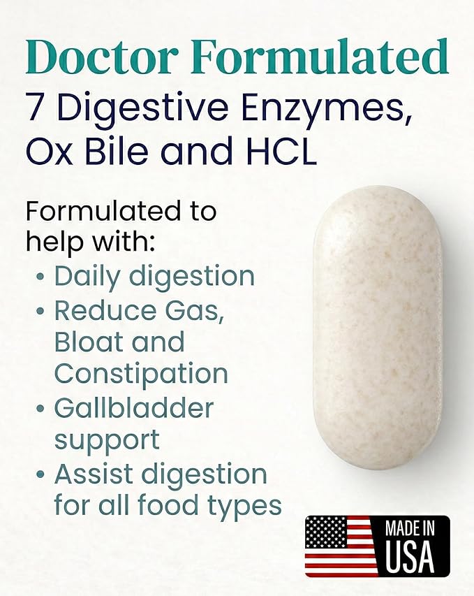 Digestive Enzymes with ox Bile - Supplements for No Gallbladder - Helps Digest Meals Small or Large - Including HCL - Pepsin - Papain & Bromelain - Purified Bile Salts - Gallbladder Support 60ct