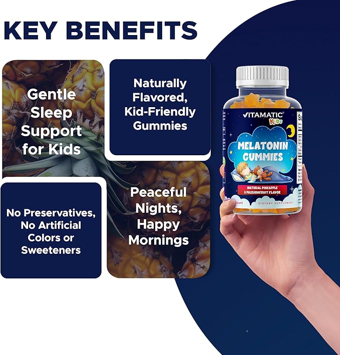 Vitamatic Sugar Free Kids Melatonin 1mg, 90 Gummies, Pineapple & passionfruit Flavored Gummies, 90 Days Supply