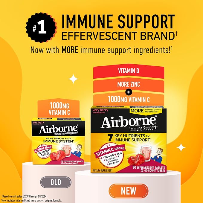 Airborne 1000mg Vitamin C with Vitamin D & Zinc, Sugar Free Multivitamin Immune Support Supplement, Antioxidants Vitamins A C & E, Very Berry Flavor, 30 Tablets (Pack of 2)