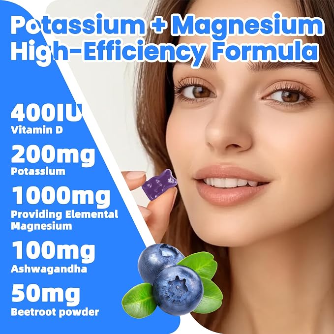Potassium Magnesium Gummies,Potassium Supplement w/Ashwagandha,High Absorption Magnesium Glycinate,B6,D3,Potassium Citrate for Leg Cramps,Muscle,Electroyte for Adults Kids,Sugar-Free, 120 Gummies