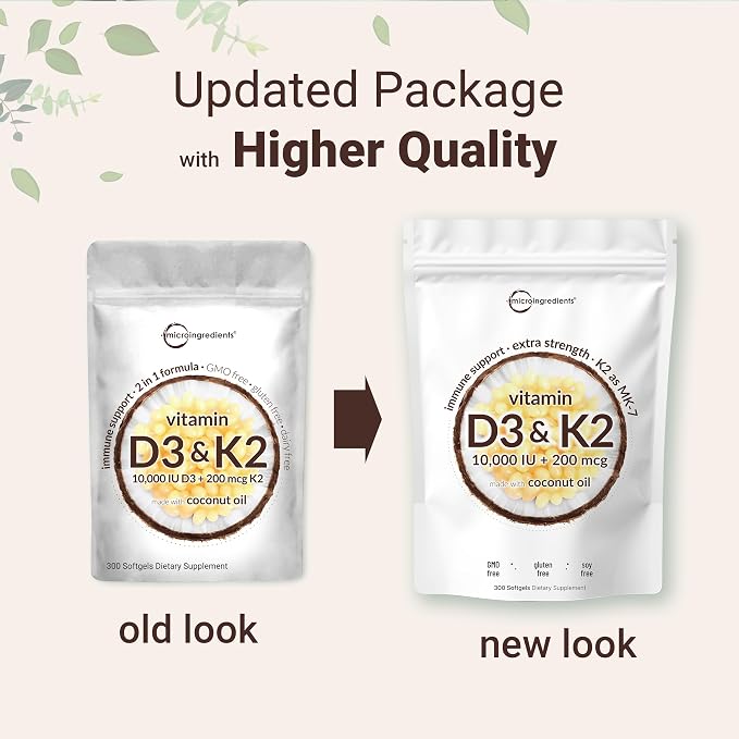 Micro Ingredients Vitamin D3 10,000 IU + K2 MK-7 200 mcg, 600 Softgels with Virgin Coconut Oil (2 Pack) | 2-in-1 Vitamins D & K Complex | Extra Strength, Easy to Swallow, Non-GMO, Gluten Free