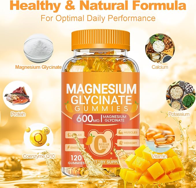 Magnesium Glycinate Gummies 600mg, Chewable Sugar Free Potassium Magnesium Supplements for Adults, Men and Women, Vitamin D, B6 and CoQ10 for Sleep, Relaxation, Brain & Muscle, 120 Gummies