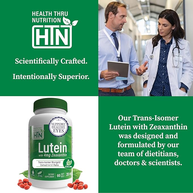 Lutein 20mg with Zeaxanthin 4mg 60 Softgels | Trans-Isomer Marigold Extract in Nature Identical 5:1 Ratio | Supports Healthy Eye, Skin and Brain | Non-GMO Soy & Gluten Free | by Health Thru Nutrition