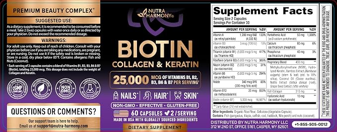 Biotin | Collagen | Hyaluronic Acid | Keratin - Support Normal Hair Growth Cycle, Skin & Nails - Clinically Tested - 25000mcg Vitamins B1, B2, B3, B6 & B7 - for Women & Men - Made in USA | 60 Capsules