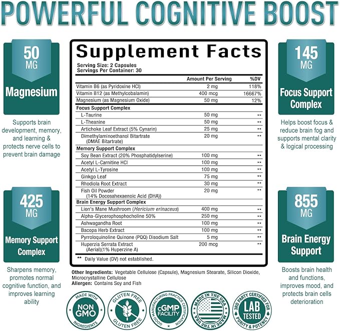 Purely Optimal Brain Booster Nootropic Supplement – Brain Support for Memory, Focus, Clarity, Jitter-Free Energy for Adults, Seniors– with Ginkgo Biloba, Alpha GPC, Lion’s Mane – 60 Capsules