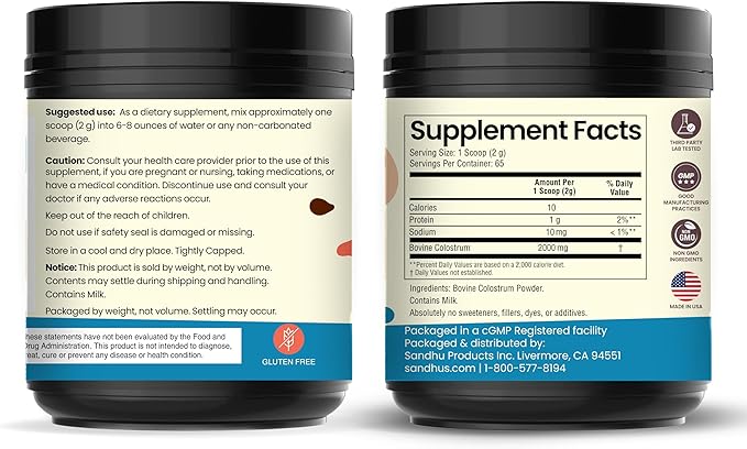 Sandhu's Grass Fed Bovine Colostrum Powder for Humans, Adults | 65 Servings (Pack of 1) Cows Supplement | High IgG for Gut Health | Immunity & Muscle Recovery Support | Unflavored | for Men & Women