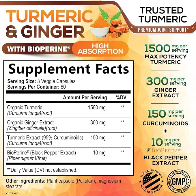 Turmeric Curcumin Supplement - 95% Curcuminoids with Organic Turmeric & Ginger, BioPerine Black Pepper Extract for Best Absorption, Natural Vegan Joint Support, Non-GMO, Bottled in USA - 180 Capsules