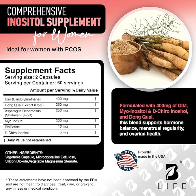 DIM Supplement 400 mg with Myo & D-Chiro Inositol, Dong Quai – Hormone Balance for Women – Fertility Supplements – Inositol Supplement - 120 Caps