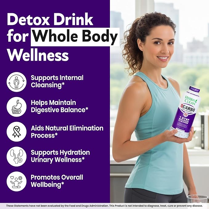 Herbal Clean Qcarbo32 Same Day Detox Cleanse Drink (32 fl oz) - Grape Flavor Full Body Cleanse* Detox Drink for Moderate Toxin Level*, Vitamin B2 and Vitamin B12 for Men & Women