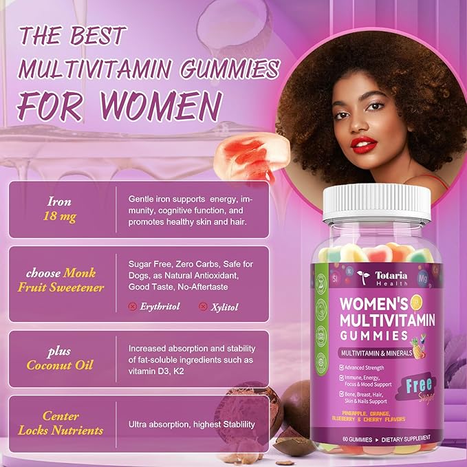 (2 Pcs) Totaria Sugar Free Multivitamin Gummies for Women 14+ w/Iron, Inositol, Folate, Biotin, Womens Daily Multivitamin Gummy w/Vitamin A, C, B, D3, K2, for Hair, Skin, Energy, Immune, Mixed Flavors
