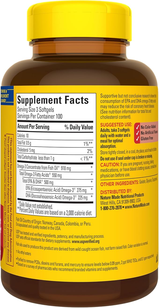 Nature Made Omega 3 Fish Oil Supplements, 550mg Per Serving, Fish Oil Omega 3 Supplements as Ethyl Esters for Healthy Heart Support, 300 Softgels, 100 Day Supply