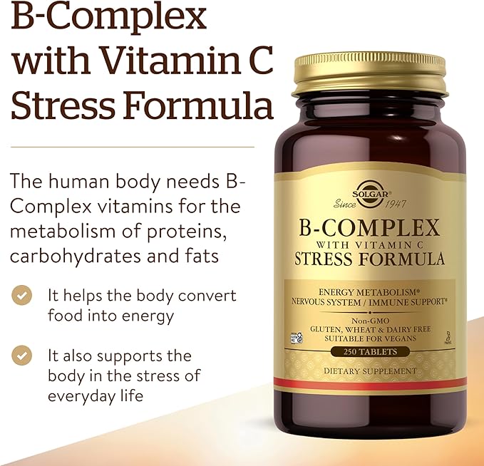 Solgar B-Complex with Vitamin C Stress Formula, 250 Tablets - Energy Metabolism, Nervous System & Immune Support - Non-GMO, Vegan, Gluten Free, Dairy Free, Kosher - 125 Servings