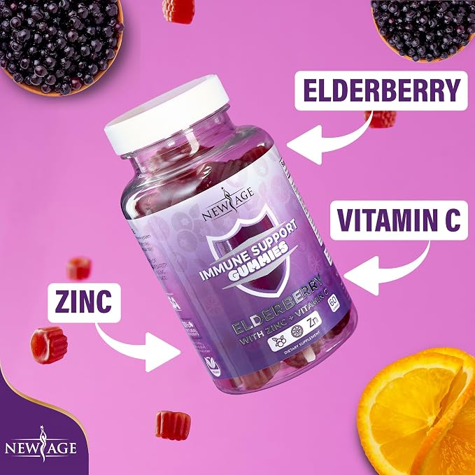 NEW AGE Immune System Support Gummies - Sambucus Black Elderberry Gummies with Vitamin C and Zinc (180 Count (Pack of 3))