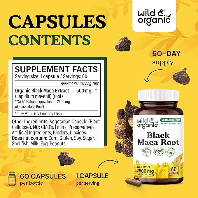 Wild & Organic Black Maca Root Capsules for Women & Men 500 mg - Maca Root Extract for Overall Support - 60 Vegan Capsules - Men & Women Supplement - 60 Days Supply - Non-GMO, No Fillers, Gluten-Free