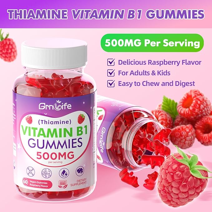 Vitamin B1 Gummies 500mg for Adults & Kids – High Potency Thiamine B1 Supplement for Energy & Nervous System Support, Sugar-Free, Raspberry Flavor, 60 Count