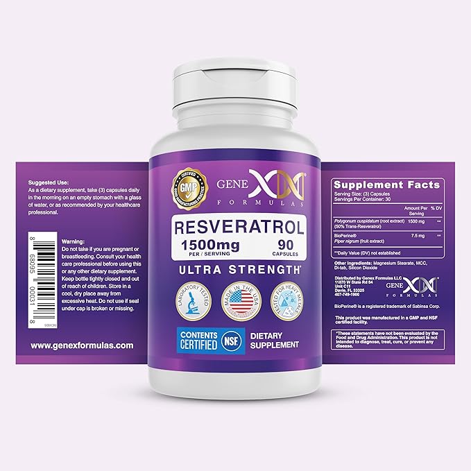 Genex Formulas Resveratrol 1500 mg Supplement for Healthy Aging – NSF Certified for Safety, Quality & Label Accuracy – Potent Antioxidant & Healthy Aging Formula - Gluten Free 90 Count