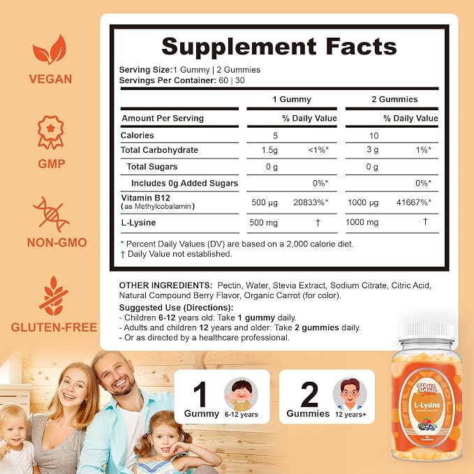 L-Lysine Gummies 1000mg - L-Lysine Supplements for Kids and Adults - Lip and Cold Sore* Support for Women - Chewable Lysine Gummies with Vitamin B12 - Vegan, Non GMO, Gluten-Free, 60 Counts