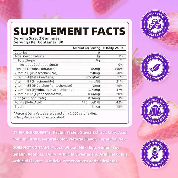 softbear Iron Gummies for Women & Men & Kids, Chewable Iron Supplements with Vitamin C,B3,B5,B6,B12 Supports Immune System, Energy & Vitality, Sugar-Free/Vegan, Strawberry Flavor 60 Count