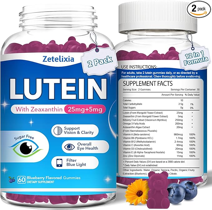 2 Pack Lutein Gummies, 12 in 1 Lutein and Zeaxanthin Supplements Eye Vitamins Gummies for Adults, Eye Health Supplement with Multiple Vitamin for Promoting Eye & Vision - 120 Gummies