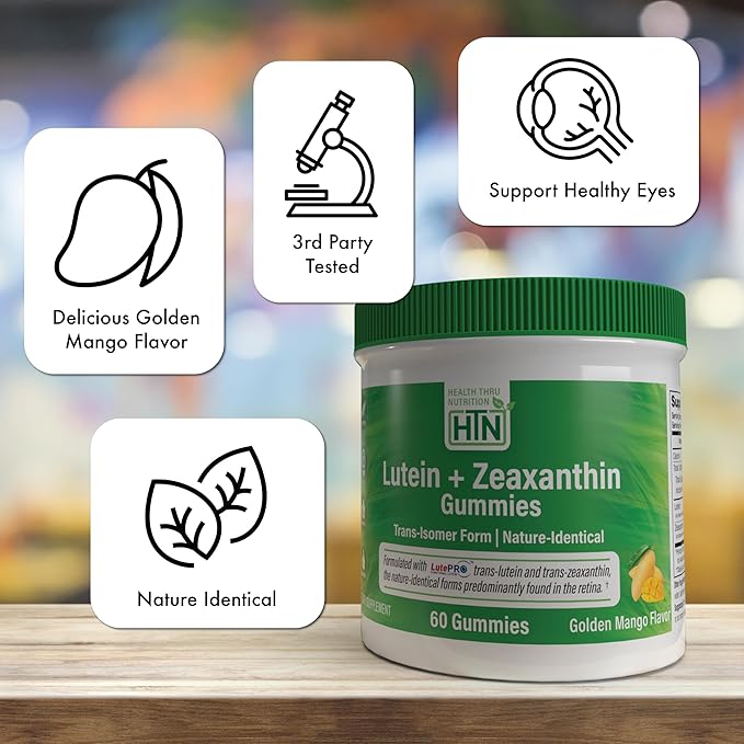 Health Thru Nutrition Lutein + Zeaxanthin Gummies | Trans-Isomer Form | 20mg Lutein & 4mg Zeaxanthin Trans-isomers | Golden Mango Flavor | Eye Support | Non-GMO, Vegan| 60 Gummies