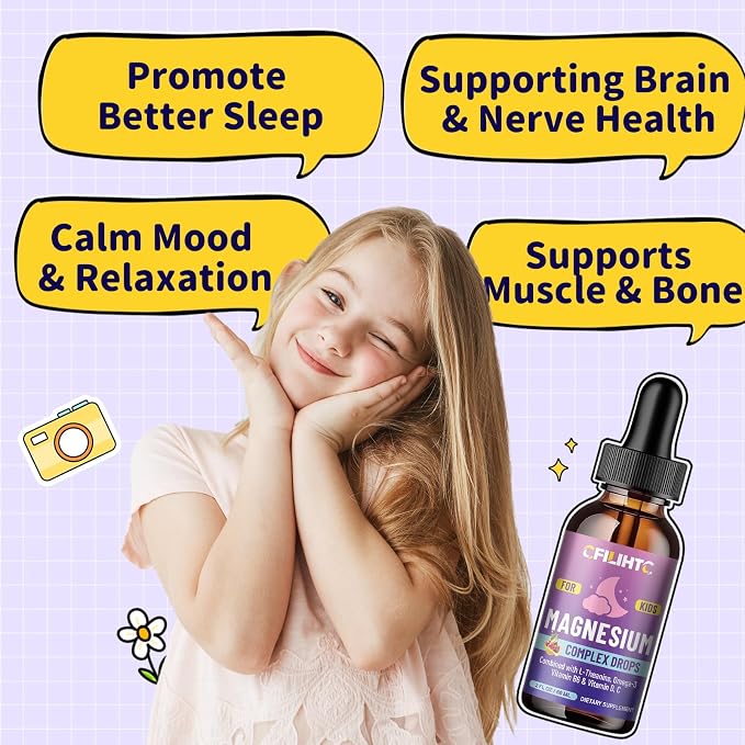 Kids Magnesium Liquid Drops-Magnesium Glycinate Liquid for Kids Supplement-w/L-theanine, Omega-3, Vitamin B6, D3 - for Sleep, Relaxation, Brain, Bones - Cherry Flavor, 4 Fl Oz